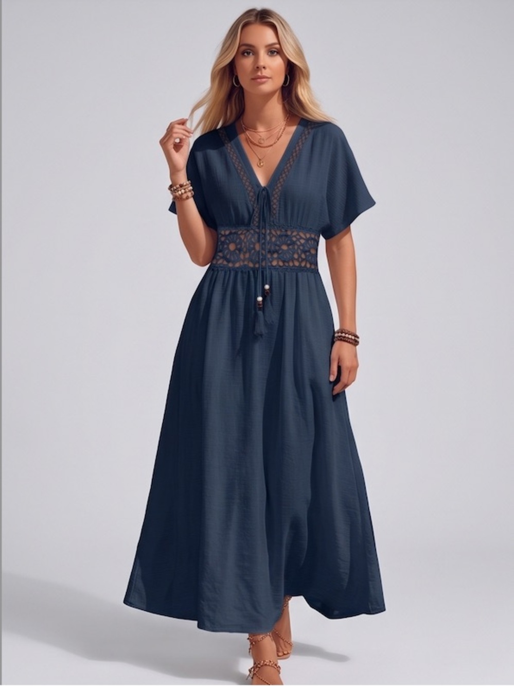 V-Neck Maxi with Lace Cutout Navy Blue